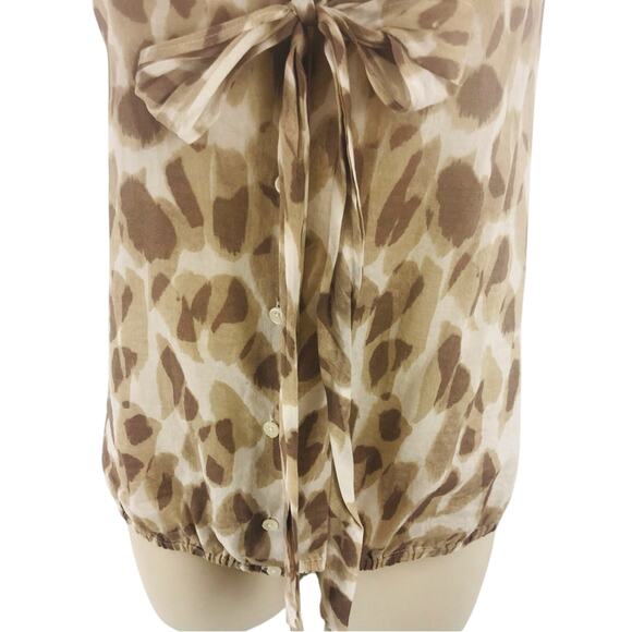 Ann Taylor Loft Tan Brown Animal Print Button Front Top Ruffled Sleeveless Bow - Picture 6 of 16